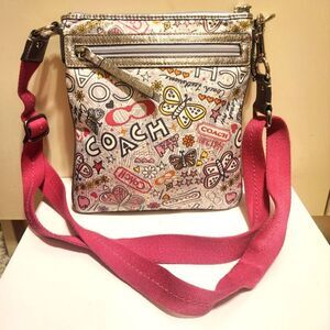 Auth. Coach "Poppy" Butterfly Graffiti Print Nylon Cross Body Bag Ret. $245 EUC